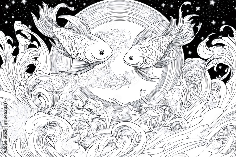 Intricate coloring page featuring two fish swimming towards each other in the moonlight over stylized ocean waves, perfect for adults and children Intricate coloring page featuring two fish swimming towards each other in the moonlight over stylized ocean waves, perfect for adults and children