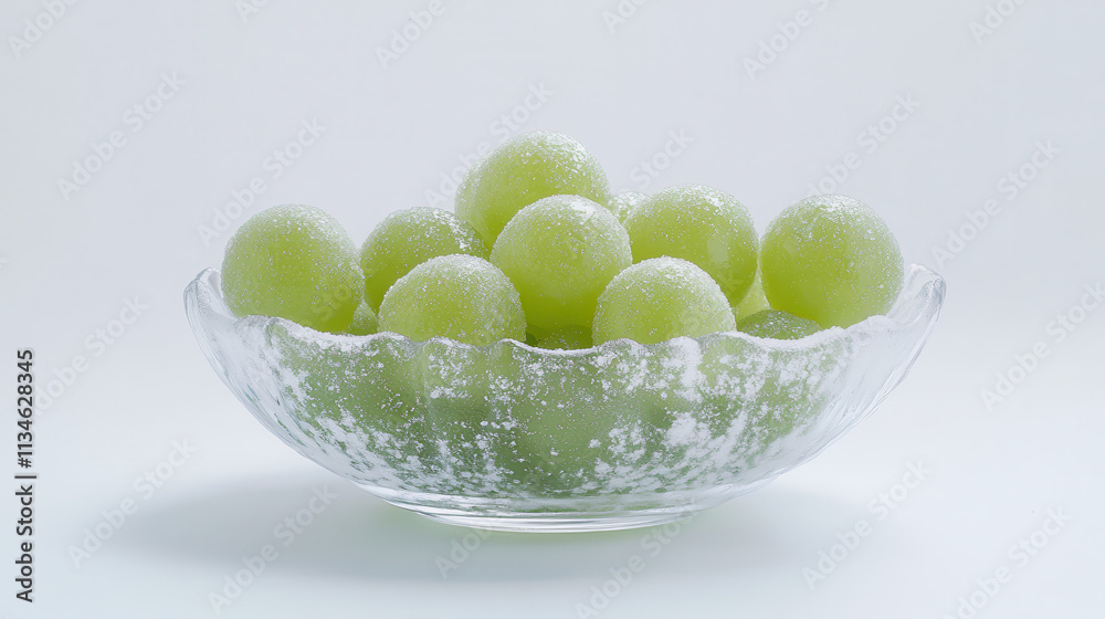 A transparent glass bowl brimming with vibrant green mochi balls A transparent glass bowl brimming with vibrant green mochi balls