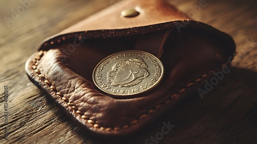 Leather Coin Purse Holds Ancient Golden Coin photo