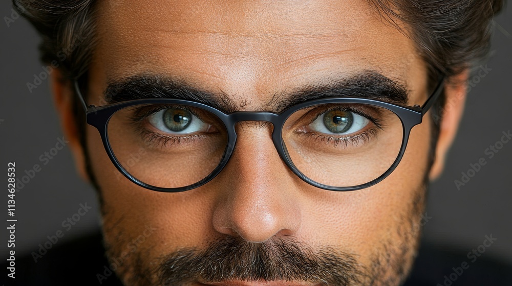 Close-Up of Stylish Eyeglasses on a Bearded Man, Accentuating Modern Eyewear Design and Trends Close-Up of Stylish Eyeglasses on a Bearded Man, Accentuating Modern Eyewear Design and Trends