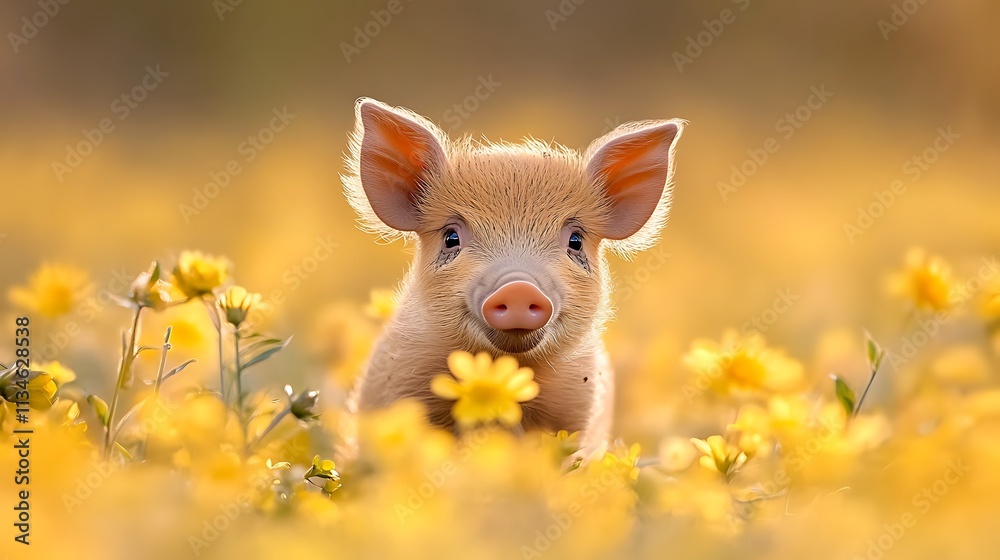 Adorable Piglet Surrounded by Bright Yellow Flowers in a Sunny Field, Capturing the Essence of Nature's Beauty and Innocence in a Picturesque Setting Adorable Piglet Surrounded by Bright Yellow Flowers in a Sunny Field, Capturing the Essence of Nature's Beauty and Innocence in a Picturesque Setting