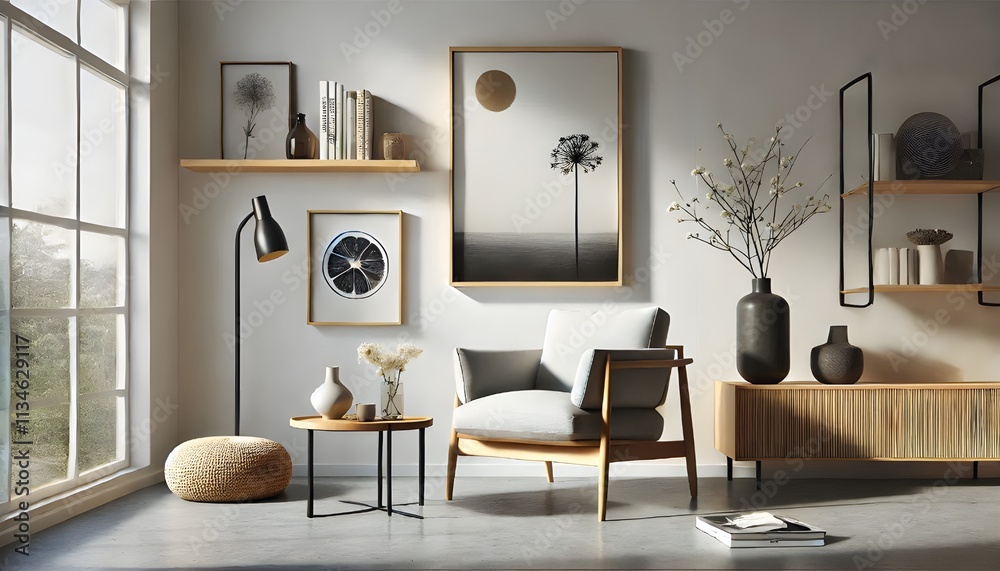 Fototapeta premium A bright, minimalist living room with a neutral couch, coffee table, and a tree by the window.