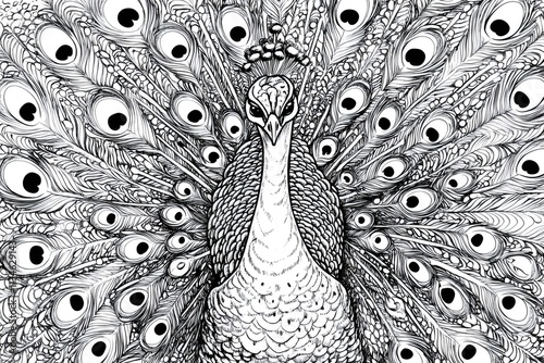 Intricate line art showcases a peacock proudly displaying its fully spread tail feathers, creating a mesmerizing pattern of detailed lines and shapes