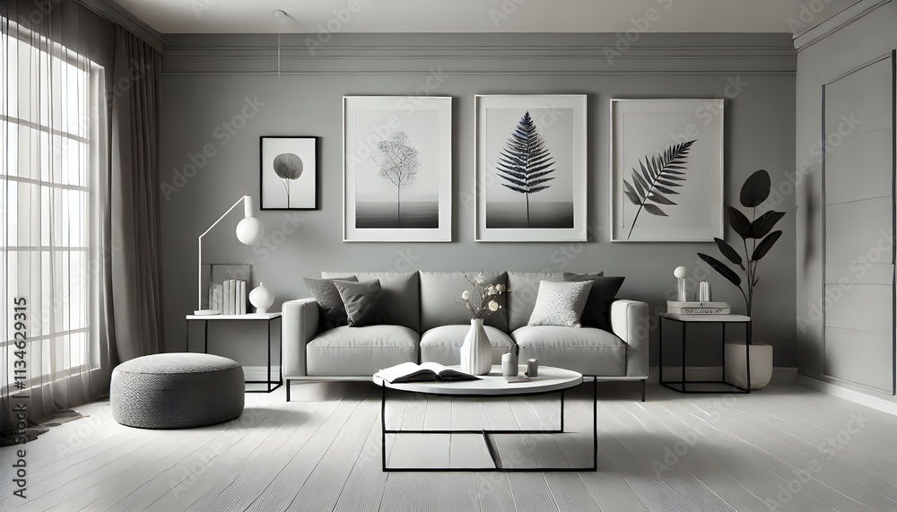 Obraz premium A contemporary living room is depicted in grayscale tones. Framed botanical prints hang above a neutral couch, with matching side tables and a round coffee table.
