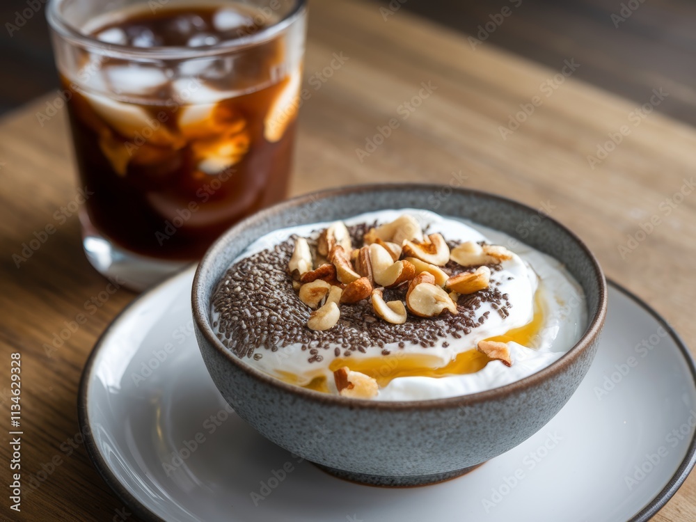 A bowl of yogurt topped with nuts and a glass of iced coffee. A bowl of yogurt topped with nuts and a glass of iced coffee.