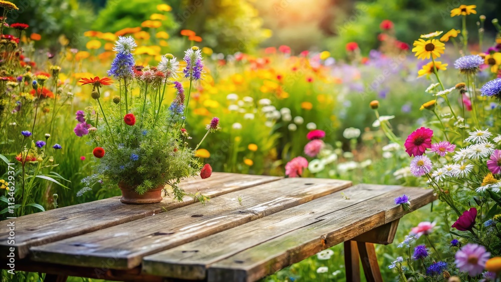 Naklejka premium Aerial View of an Old Table Surrounded by a Blurred Floral Background in a Wild Garden, Capturing the Beauty of Nature and Rustic Charm