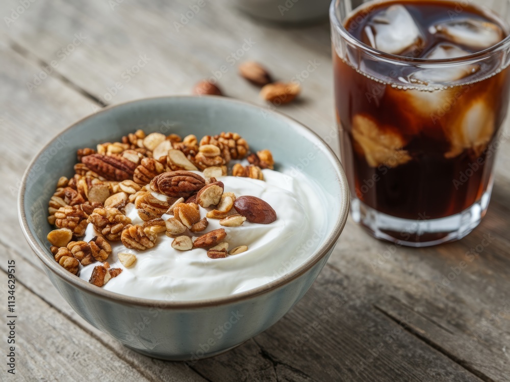 A bowl of yogurt topped with granola and nuts beside a glass of iced coffee. A bowl of yogurt topped with granola and nuts beside a glass of iced coffee.