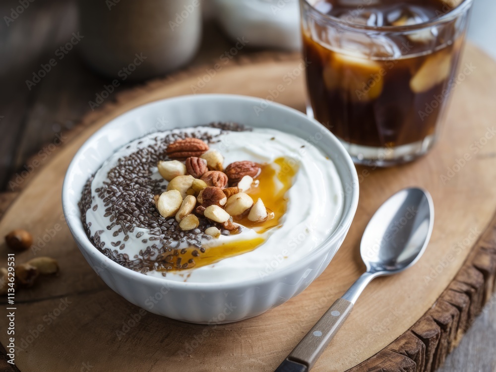 A bowl of yogurt topped with nuts and honey, accompanied by a glass of iced coffee. A bowl of yogurt topped with nuts and honey, accompanied by a glass of iced coffee.
