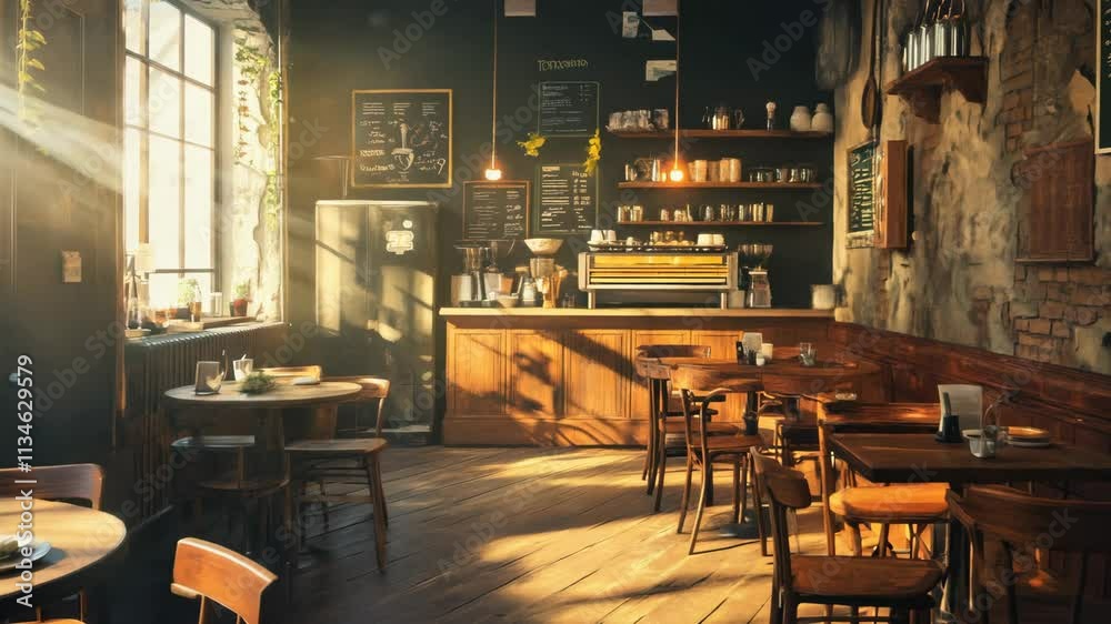 Vintage cafe with wooden chairs and tables, warm lighting, cozy and nostalgic, perfect spot for a quiet afternoon coffee or a friendly conversation, inviting.