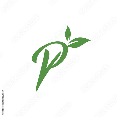 letter p and green leaf isolated on white background, vector illustration