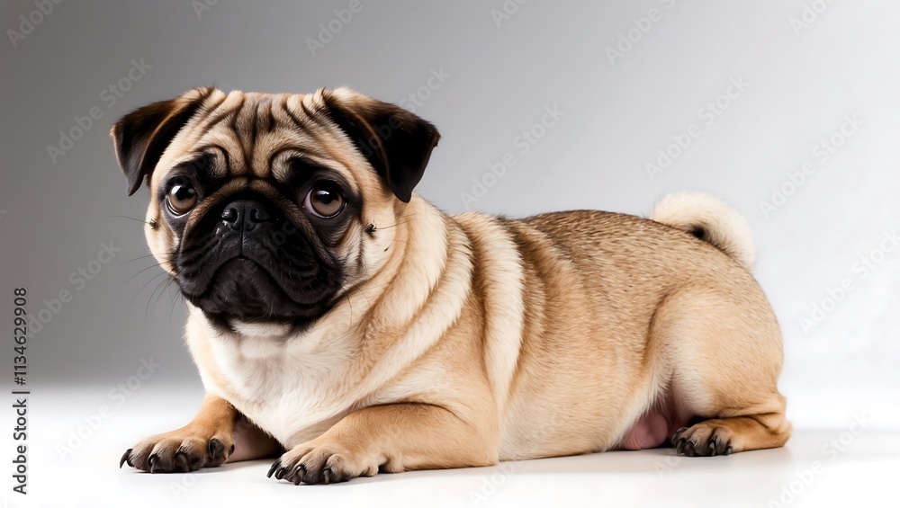 A cute pug lying down with a soft expression on a neutral background. A cute pug lying down with a soft expression on a neutral background.