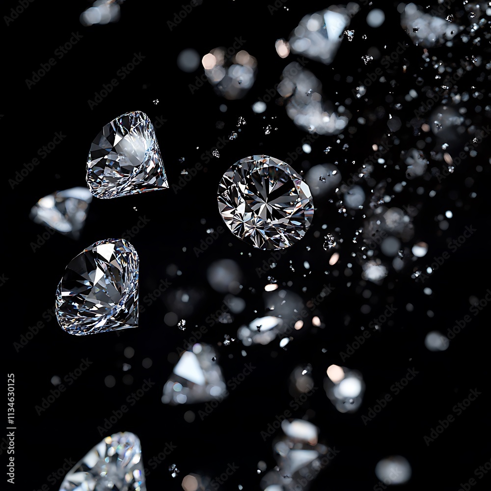 Crystal clear Diamond float in mid air with glitter silver diamond dust explode. Black background Crystal clear Diamond float in mid air with glitter silver diamond dust explode. Black background
