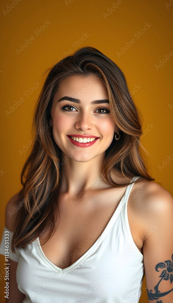 Young Smiling pretty girl beauty female gen z model beautiful face healthy skin and tattoo looking at camera wearing white top isolated at dark yellow background, dreamy atmosphere Young Smiling pretty girl beauty female gen z model beautiful face healthy skin and tattoo looking at camera wearing white top isolated at dark yellow background, dreamy atmosphere