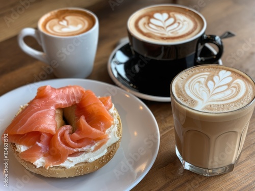 A cozy coffee setup featuring lox on a bagel and beautifully crafted lattes. photo