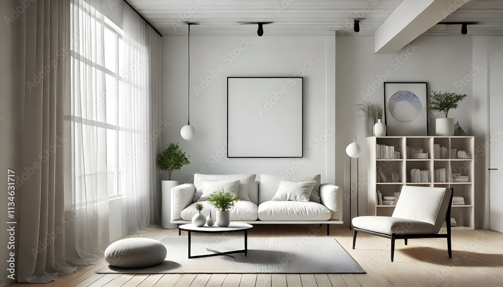 A bright and airy room with white walls, a white sofa, and neutral decor. The art print over the sofa is blank, ready for personalization. A bright and airy room with white walls, a white sofa, and neutral decor. The art print over the sofa is blank, ready for personalization.