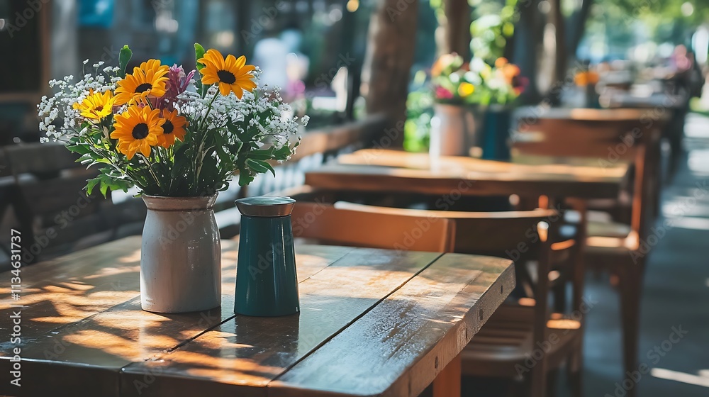 Sunflowers and Gypsophila in a Vase on a Wooden Table Sunflowers and Gypsophila in a Vase on a Wooden Table