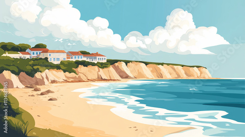 Illustration, typical landscape of the algarve region in Portugal, touristic advertisement poster. Promotional poster for tourist destination, wonderful Algarve region.