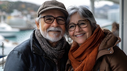 Smiling elderly couple enjoying a scenic view from a balcony. photo