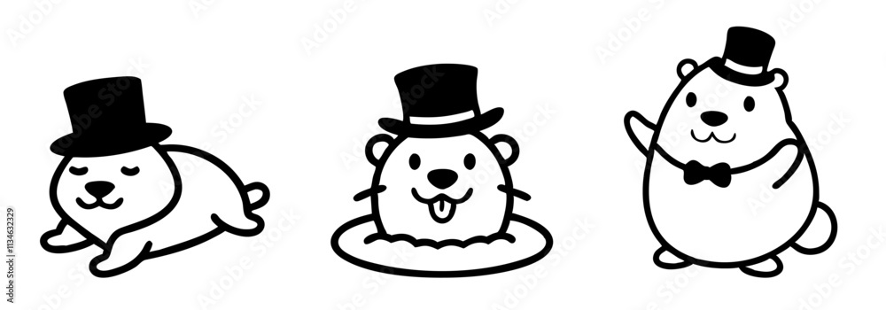 Obraz premium Set of cartoon groundhog icons wearing top hats. Festive mood and humor concept. Ideal for greeting cards, festive materials, and children's projects