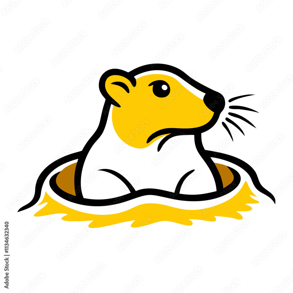 Fototapeta premium Cartoon groundhog with yellow accents emerging from hole. symbolizing Groundhog Day. Seasonal traditions concept. Ideal for greeting cards, festive materials, and eco-awareness campaigns