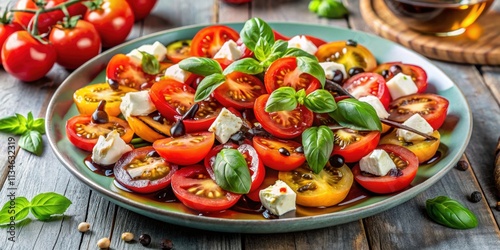 Fresh and colorful modern tomato salad with basil, feta cheese, and balsamic glaze, healthy, organic, vibrant