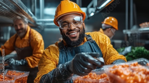 A cheerful factory worker in safety gear including helmet and gloves, skillfully packaging fresh cherry tomatoes with colleagues actively working behind. photo