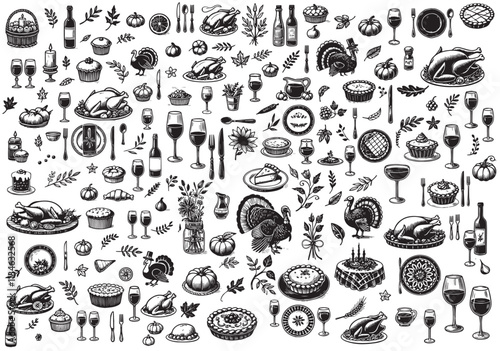Hand drawn chalk food vector illustrations. Thanksgiving dinner table icons. Wine glass, turkey, pumpkin pie drawings for family