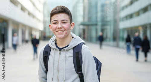 Urban teen with acne smiling outdoors in cityscape background for diversity and youth empowerment themes photo