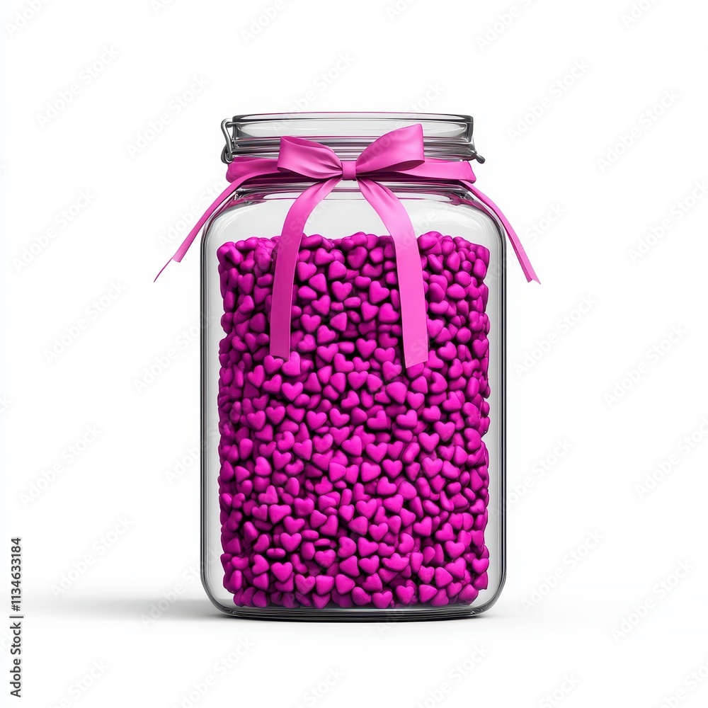glass jar filled with pink heart-shaped decorations glass jar filled with pink heart-shaped decorations