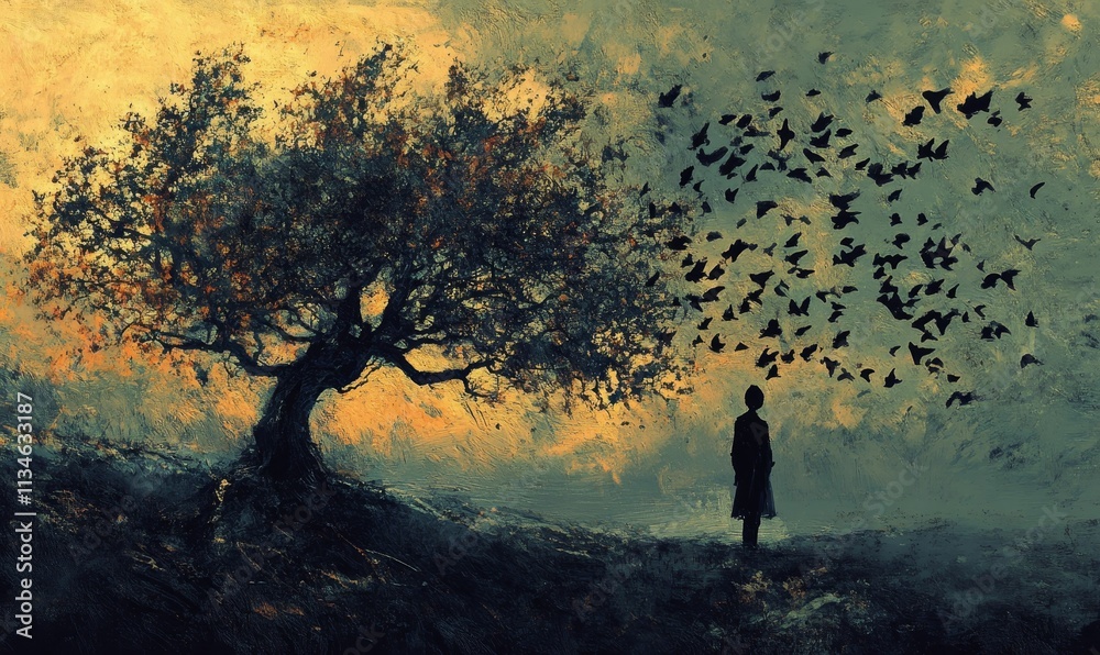 Solitary figure, birds fleeing, large tree, textured background. Solitary figure, birds fleeing, large tree, textured background.