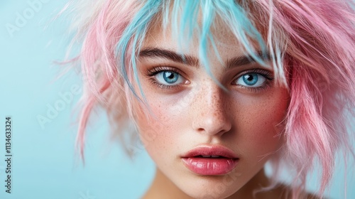 Portrait of a woman with striking blue and pink pastel hair, deep blue eyes, and soft features, reflecting uniqueness, boldness, and artistic expression.