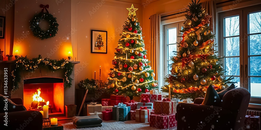 Cozy Christmas Evening by the Fireplace with Two Decorated Trees and Presents Cozy Christmas Evening by the Fireplace with Two Decorated Trees and Presents