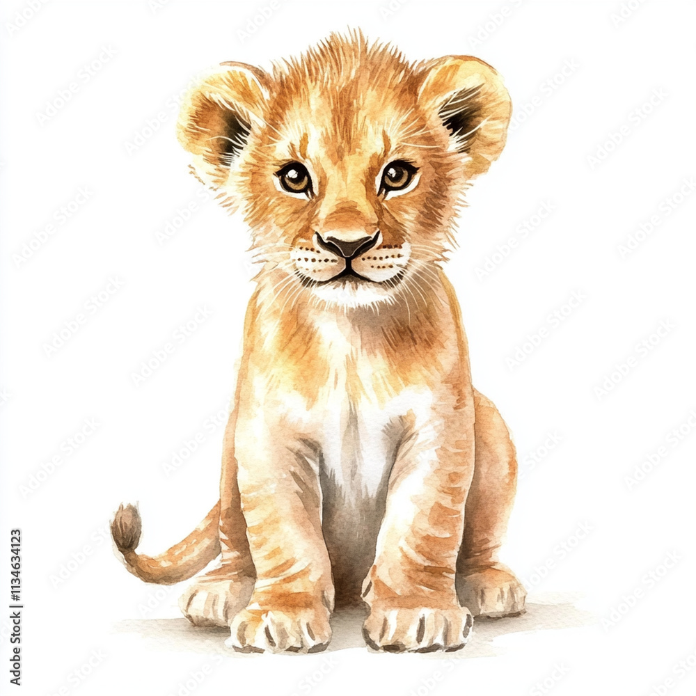 Obraz premium Cute baby lion illustration with soft watercolor details, evoking joy
