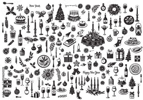 Vector illustration of wine or champagne glass and bottle, vase with flowers in french, italian style food for dinner