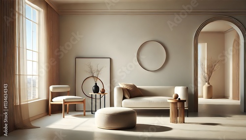 A modern, minimalist interior is displayed. The neutral color palette features furniture, decor and an arched doorway for a calm, serene aesthetic.