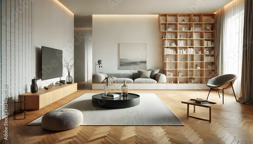 A modern interior design showcases a staged living room with a minimalist aesthetic. 