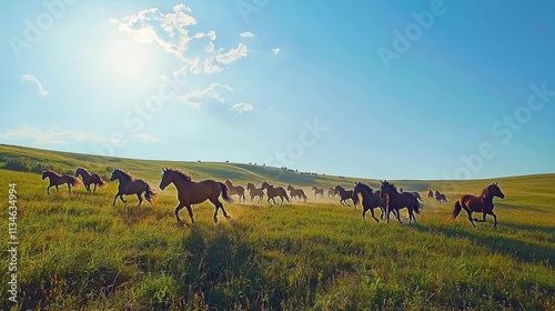 Wild horses galloping across lush green fields under bright blue sky in nature's serenity photo