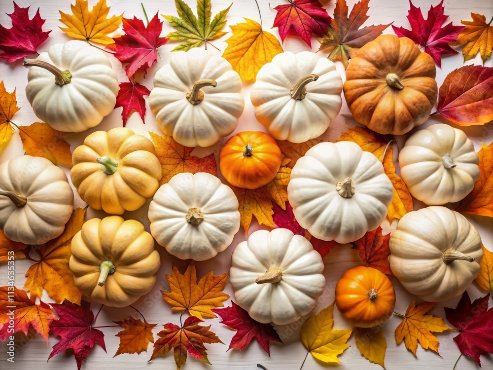 Aerial View of Autumn Harvest: White Pumpkins Surrounded by Colorful Fall Leaves on a Crisp White Background for Seasonal Decor and Thanksgiving Inspiration Aerial View of Autumn Harvest: White Pumpkins Surrounded by Colorful Fall Leaves on a Crisp White Background for Seasonal Decor and Thanksgiving Inspiration