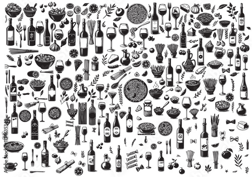 Minimalist hand drawn food and drinks vector illustration collection. Art for greeting cards, wedding invitations, poster design, postcards, branding, logo. Different mediterranean wine and pasta