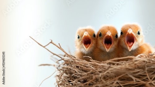 Three young birds nestled together in their cozy nest with open beaks, chirping vivaciously, showcasing the beauty and vibrancy of youth in the bird kingdom. photo