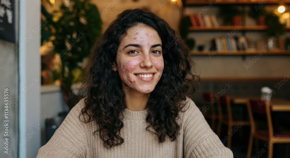 Young woman with curly hair smiling in cozy cafe setting, highlighting natural beauty and confidence Young woman with curly hair smiling in cozy cafe setting, highlighting natural beauty and confidence