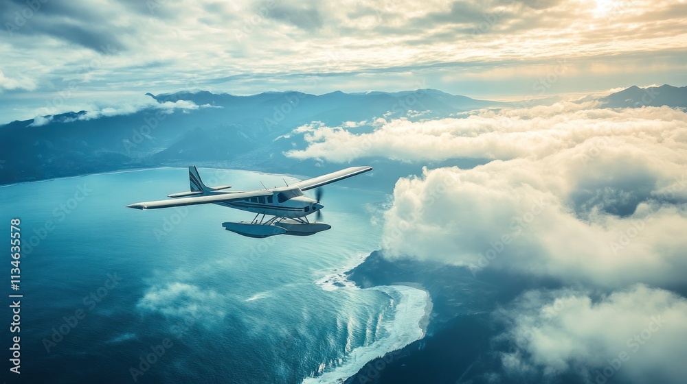 A seaplane flying over a scenic coastline with mountains and clouds in the background. A seaplane flying over a scenic coastline with mountains and clouds in the background.