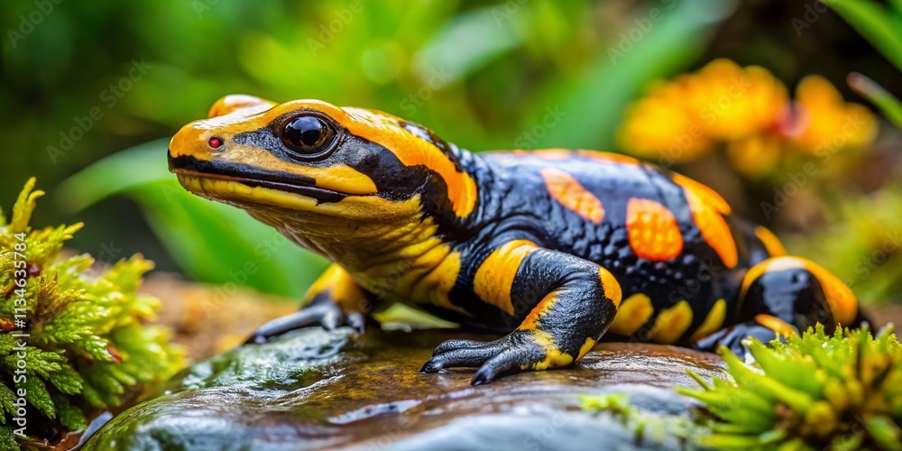 Fototapeta premium Aerial View of a Vibrant Fire Salamander (Salamandra salamandra) Resting on a Rock Surrounded by Lush Green Forest in Natural Habitat Captured from Above