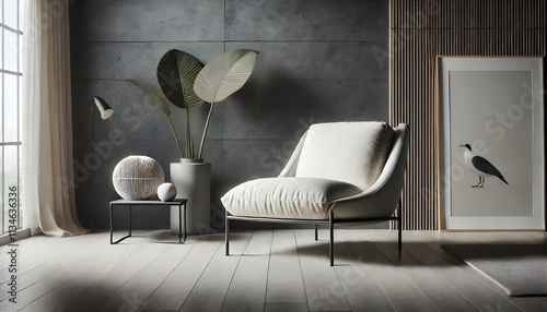 A serene living space features a cream armchair, plant, and minimal decor against a gray wall.