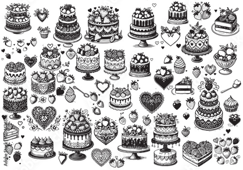 Vintage coquette cake with strawberries clipart in line art, vintage outline style. Wedding or birthday heart doodle style cake drawing set