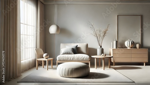 A cozy living room design features neutral tones. 