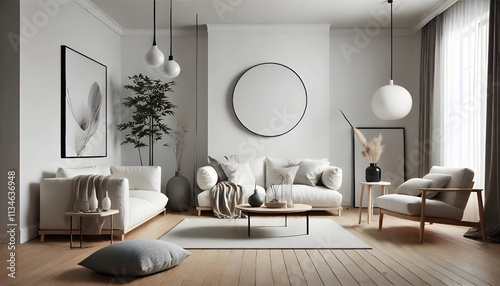 Bright, airy living room with neutral tones, featuring two sofas, a round mirror, and pendant lights. 