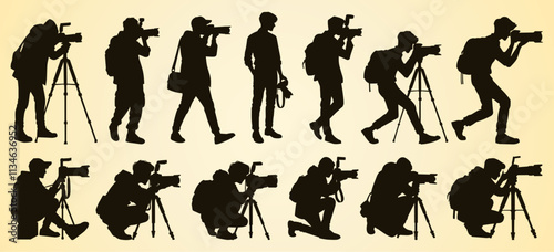 Silhouettes of photographers in various poses with cameras and tripods capturing moments.