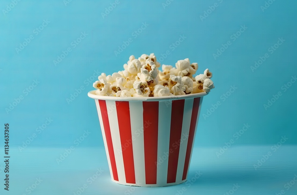 A red and white striped bucket filled with popcorn on a blue background, in a minimalistic style. This is a stock photo with a simple composition, a feminine aesthetic, popcorn in a blue bucket A red and white striped bucket filled with popcorn on a blue background, in a minimalistic style. This is a stock photo with a simple composition, a feminine aesthetic, popcorn in a blue bucket