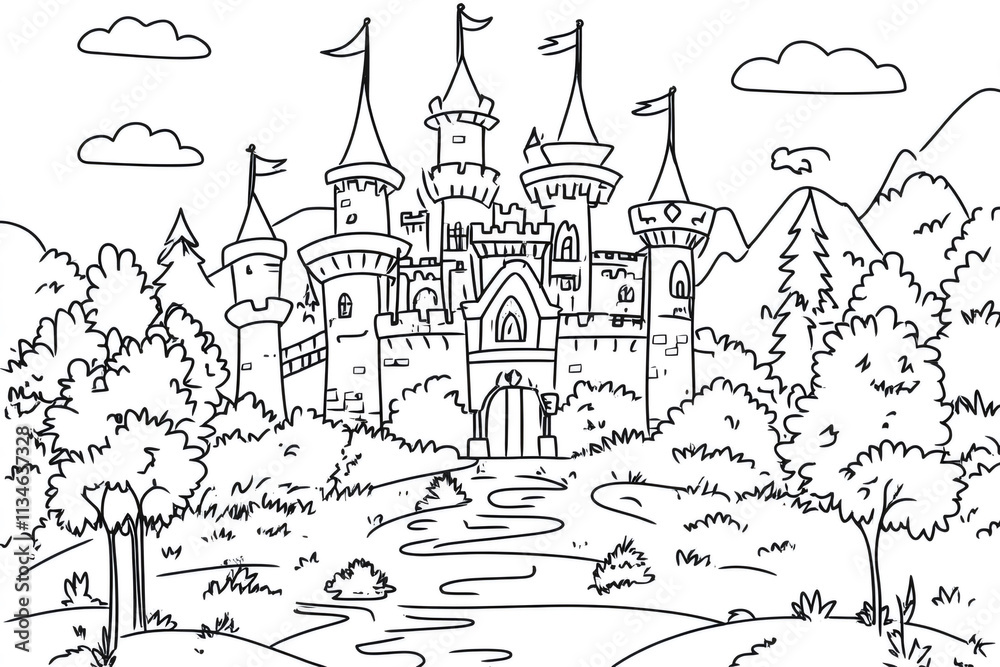 Naklejka premium Intricate line art depicts a fairytale castle surrounded by a lush forest, perfect for coloring and sparking imagination